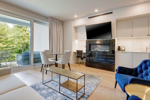 Suite Prestige 2, pavillon Massawippi, vue lac | Living area | Plasma TV, fireplace, iPod dock, books