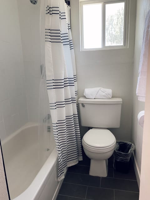 Combined shower/tub, free toiletries, towels