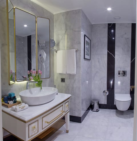 Deluxe King Room | Bathroom | Shower, rainfall showerhead, designer toiletries, hair dryer