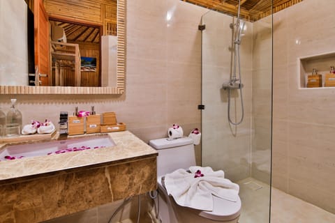 Shower, free toiletries, hair dryer, bathrobes