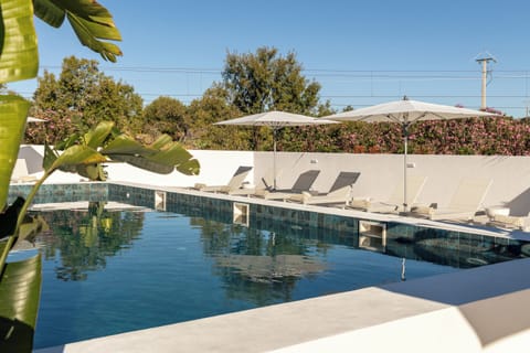 Outdoor pool, pool umbrellas, sun loungers