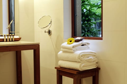 Combined shower/tub, eco-friendly toiletries, hair dryer, bathrobes