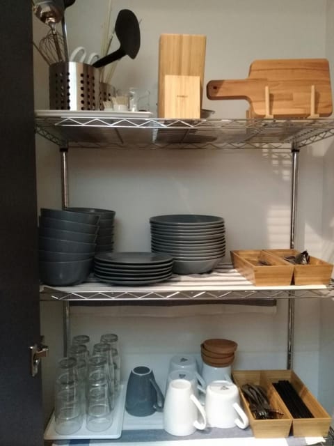 Fridge, microwave, cookware/dishes/utensils