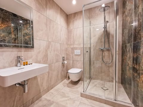 Combined shower/tub, free toiletries, hair dryer, bathrobes