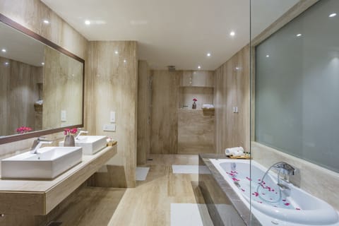 Queen Suite | Bathroom | Shower, designer toiletries, hair dryer, slippers