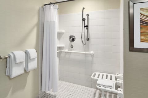 Combined shower/tub, free toiletries, hair dryer, towels