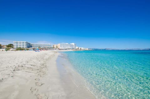 Beach nearby, white sand, sun loungers