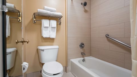 Combined shower/tub, free toiletries, hair dryer, towels