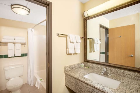 Combined shower/tub, free toiletries, hair dryer, towels