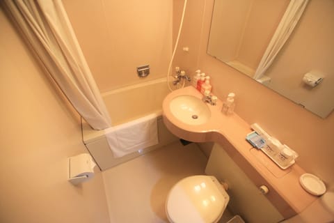 Combined shower/tub, deep soaking tub, free toiletries, hair dryer