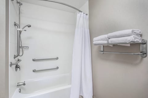 Combined shower/tub, free toiletries, hair dryer, towels