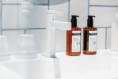 Shower, rainfall showerhead, free toiletries, hair dryer