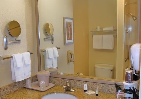 Room, 1 King Bed (Mobility/Hearing Access, Roll-In Shwr) | Bathroom | Free toiletries, hair dryer, towels