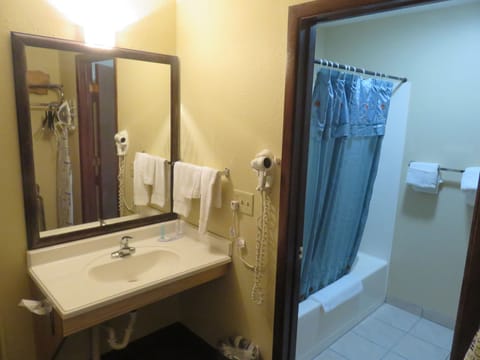 Separate tub and shower, deep soaking tub, free toiletries, hair dryer