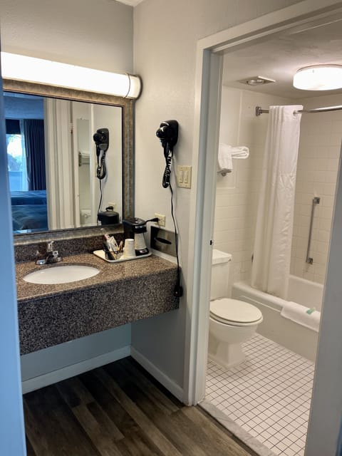 Combined shower/tub, eco-friendly toiletries, hair dryer, towels