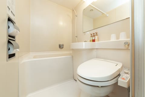 Combined shower/tub, hair dryer, slippers, bidet