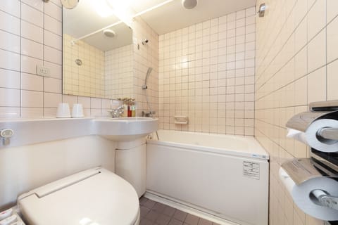 Combined shower/tub, hair dryer, slippers, bidet