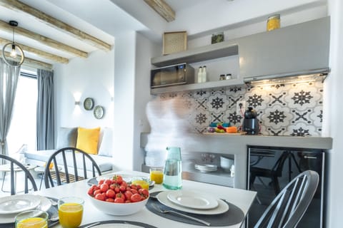 Apartment, Sea View (Aelia 1) | Private kitchen | Fridge, microwave, stovetop, espresso maker