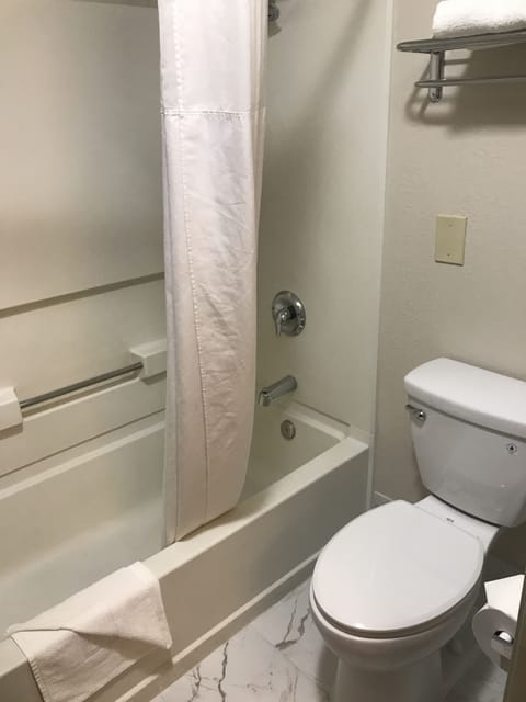 Combined shower/tub, free toiletries, hair dryer, towels