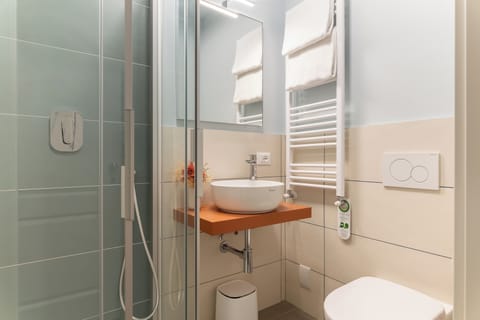 Economy Room | Bathroom | Shower, hair dryer, towels, toilet paper