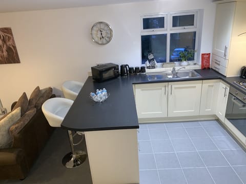 Full-size fridge, microwave, oven, stovetop