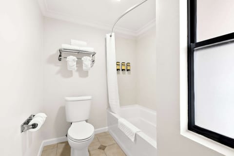 Combined shower/tub, deep soaking tub, free toiletries, hair dryer