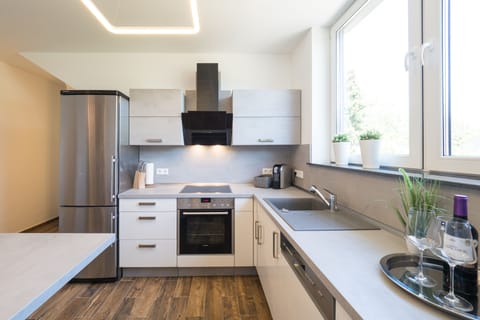 Apartment, Terrace | Private kitchen | Full-size fridge, microwave, oven, dishwasher