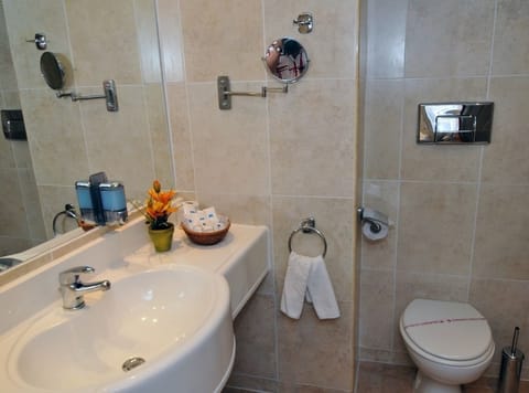 Shower, rainfall showerhead, eco-friendly toiletries, hair dryer