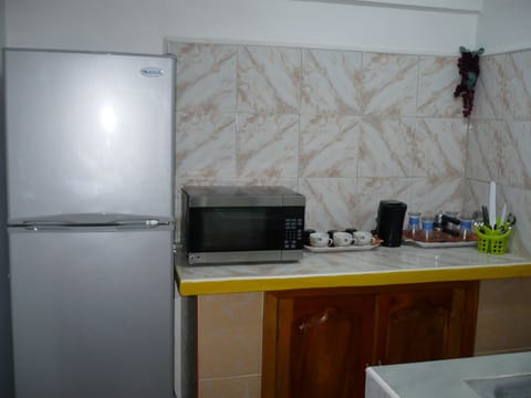 Full-size fridge, microwave, espresso maker, coffee/tea maker