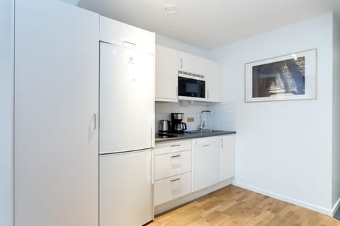 Studio, 1 Queen Bed (Basement) | Private kitchen | Full-size fridge, microwave, stovetop, dishwasher