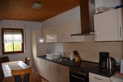 Full-size fridge, microwave, coffee/tea maker, electric kettle