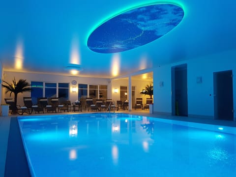 Indoor pool, open 3:00 PM to 8:00 PM, sun loungers