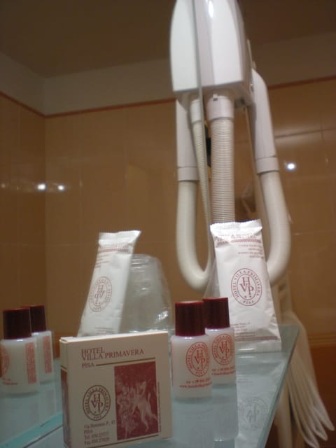 Shower, designer toiletries, hair dryer, bidet