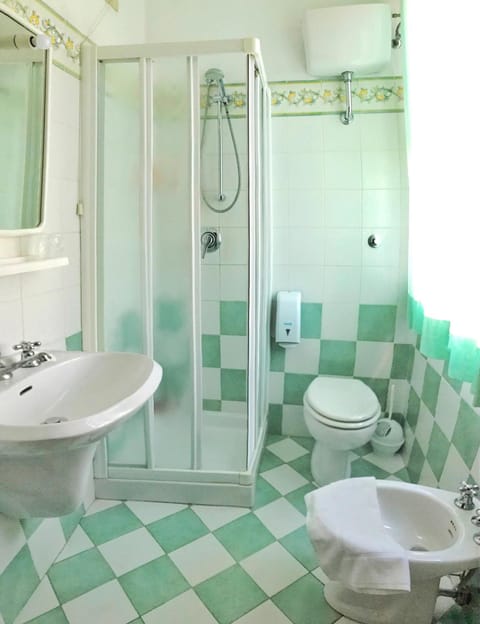 Shower, designer toiletries, hair dryer, bidet