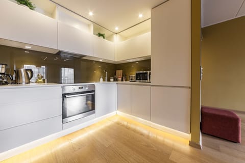 Deluxe Apartment | Private kitchen | Fridge, microwave, oven, stovetop