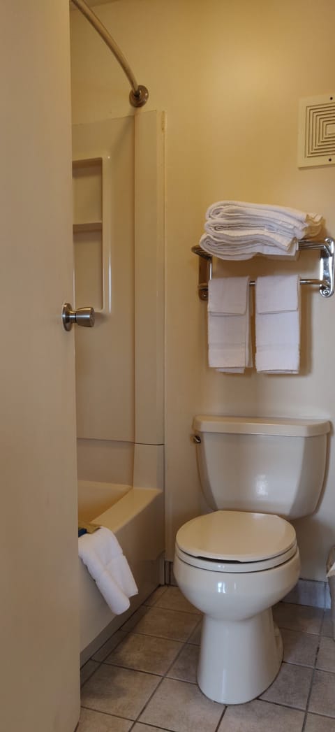 Combined shower/tub, free toiletries, towels