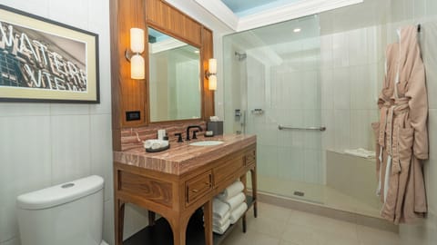 Shower, designer toiletries, hair dryer, bathrobes