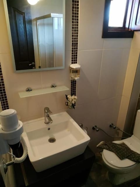 Shower, hydromassage showerhead, free toiletries, hair dryer