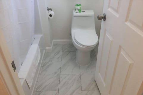 Combined shower/tub, free toiletries, hair dryer, towels