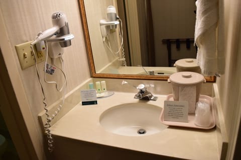 Combined shower/tub, free toiletries, hair dryer, towels