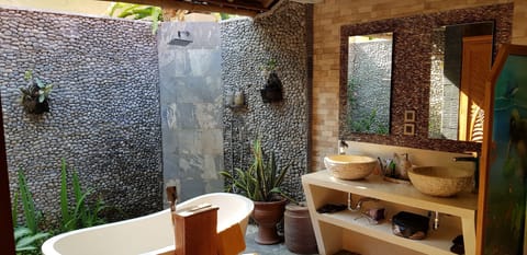 Separate tub and shower, deep soaking tub, rainfall showerhead