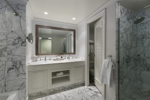 Separate tub and shower, eco-friendly toiletries, hair dryer, bathrobes