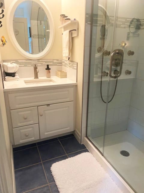 Combined shower/tub, free toiletries, hair dryer, towels