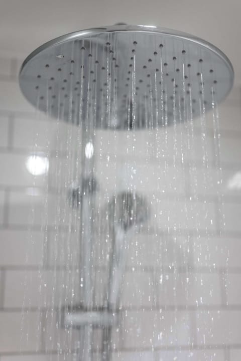 Shower, rainfall showerhead, designer toiletries, hair dryer