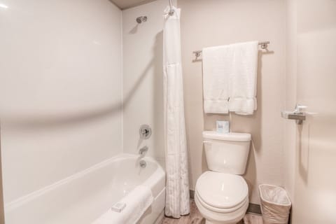 Combined shower/tub, free toiletries, hair dryer, towels