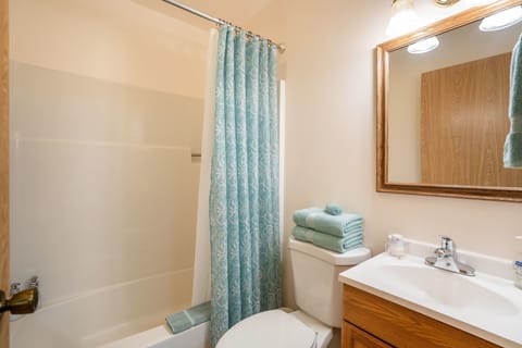 Combined shower/tub, towels