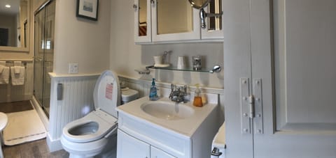 Charming White Room Boutique B&B | Bathroom | Shower, rainfall showerhead, designer toiletries, hair dryer