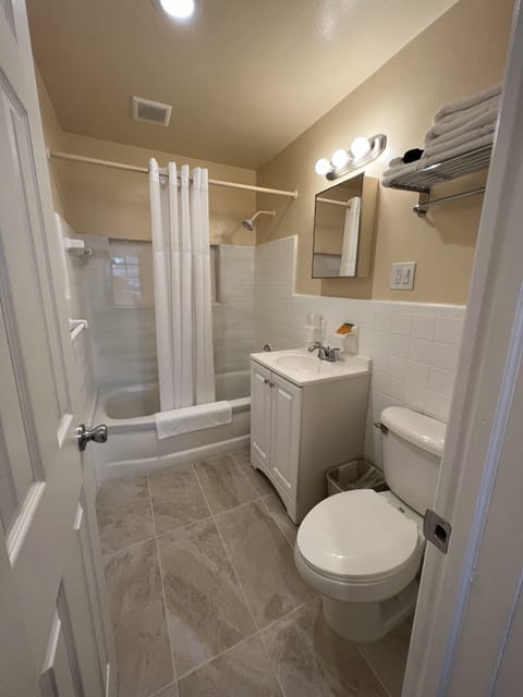 Combined shower/tub, free toiletries, hair dryer, towels