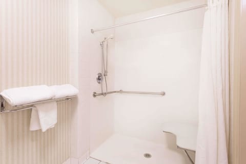 Combined shower/tub, free toiletries, hair dryer, towels