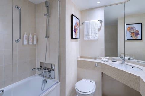 Combined shower/tub, free toiletries, hair dryer, towels